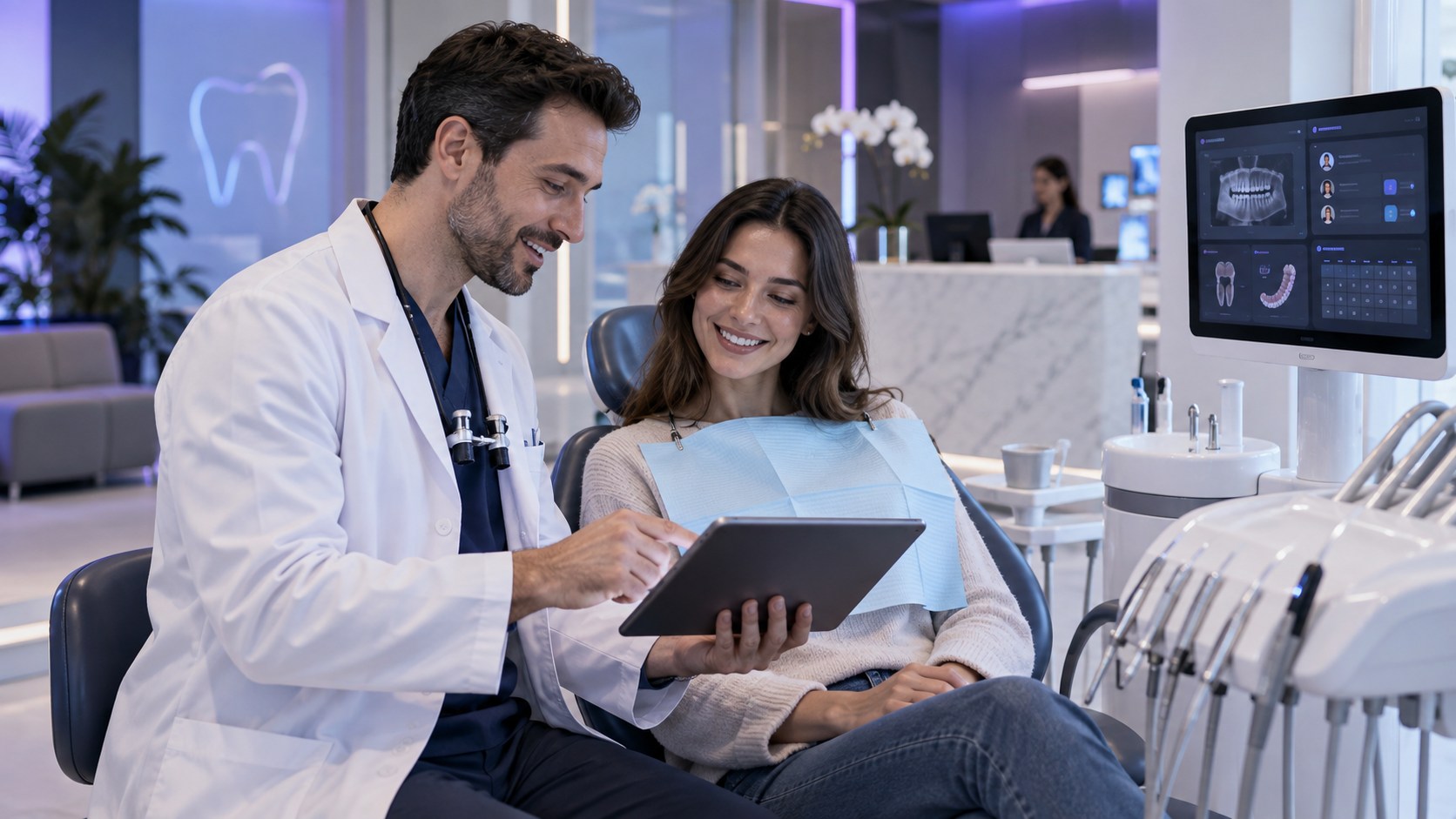 Dentist consulting with a patient in a modern clinic, with appointment and patient communication tools on a nearby monitor