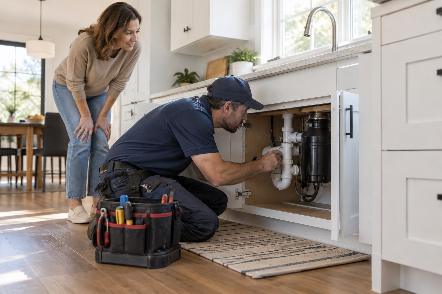 A home repair technician with tools in a residential kitchen