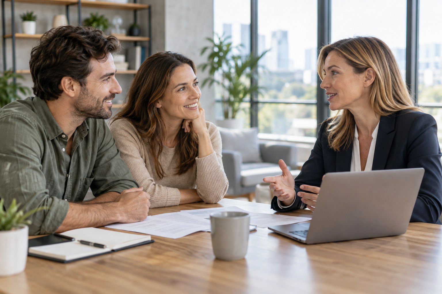 A business consultant meeting clients in a modern office
