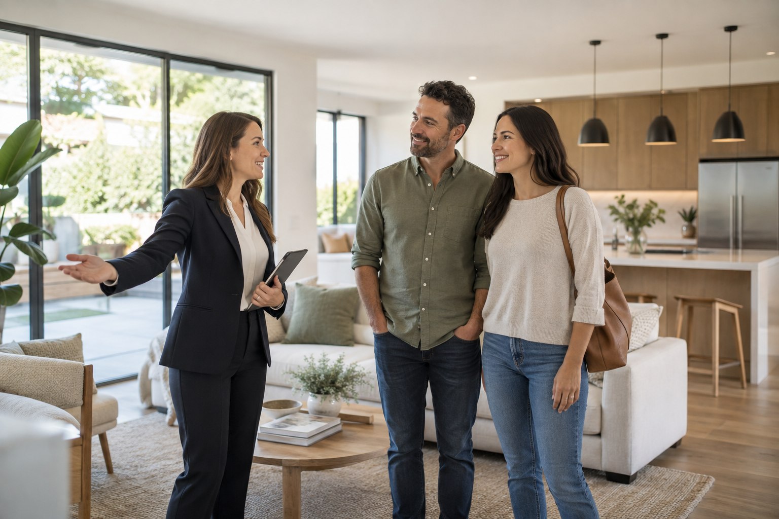 A property agent showing a modern home to a couple