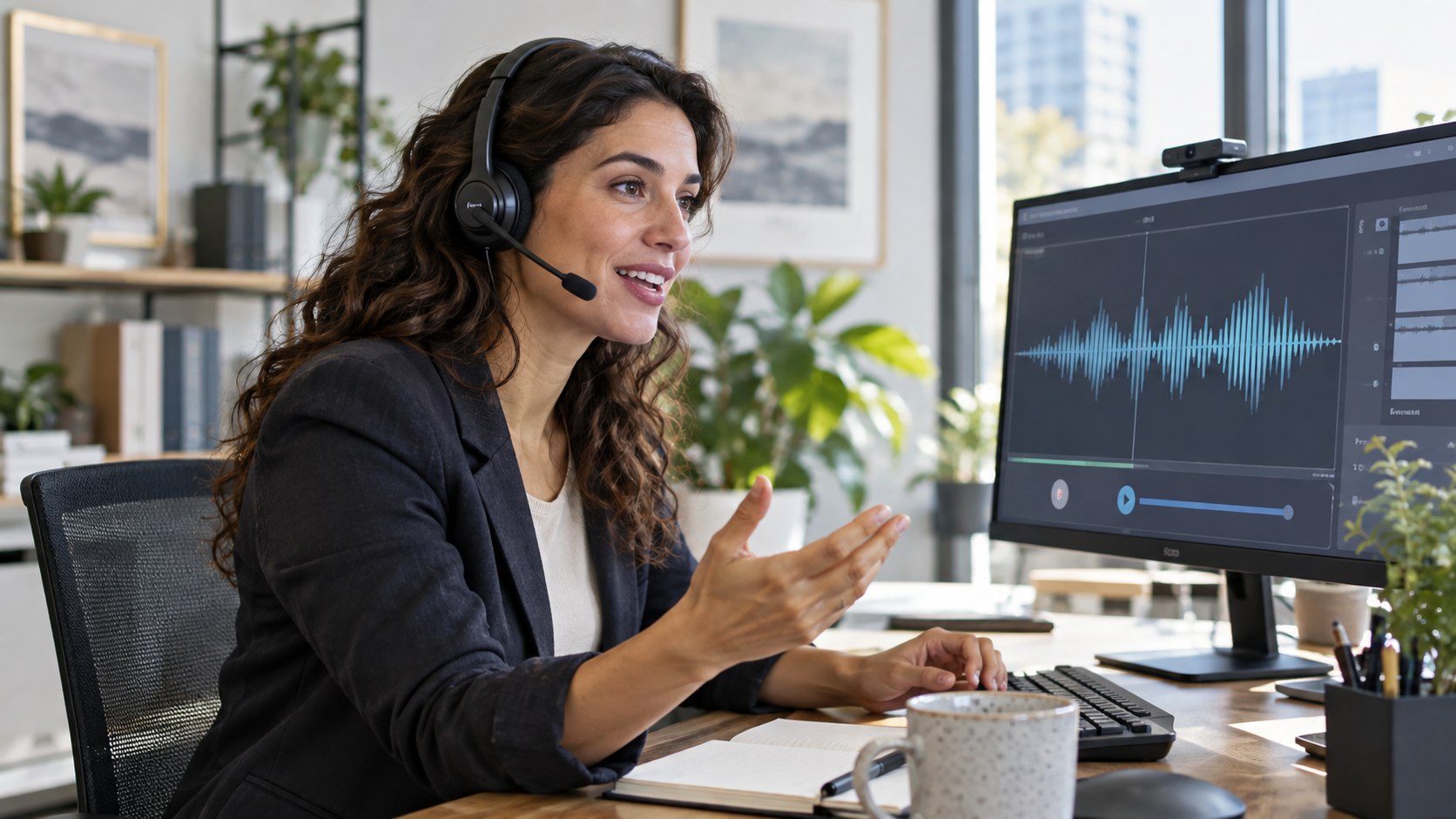 Customer support professional speaking on a headset